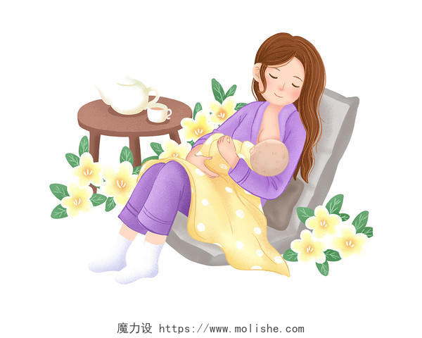 彩色手绘卡通母亲抱孩子母乳喂养母亲节元素PNG素材